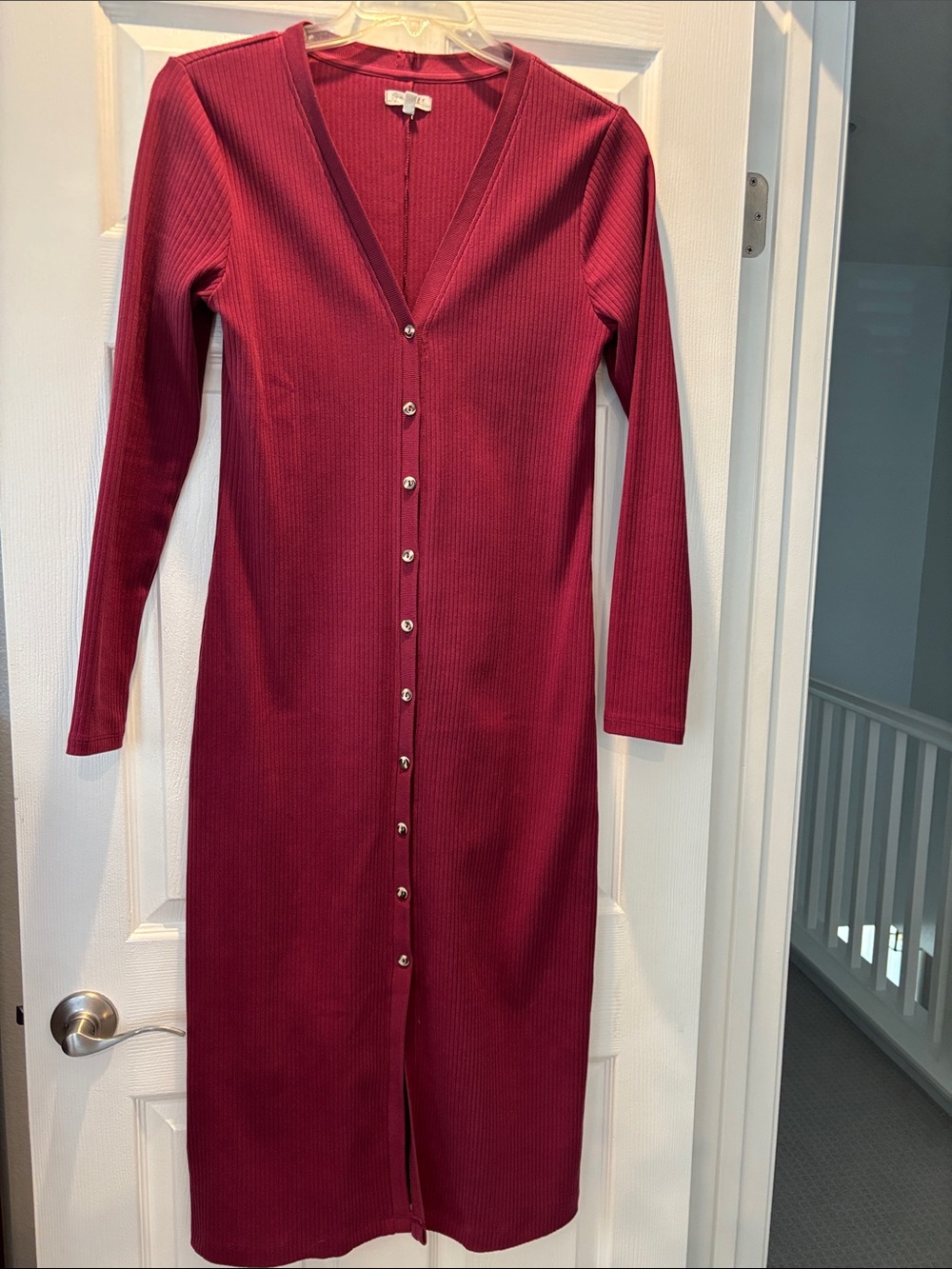 Grey State Long Sleeve Ribbed Button-Front Dress - Berry